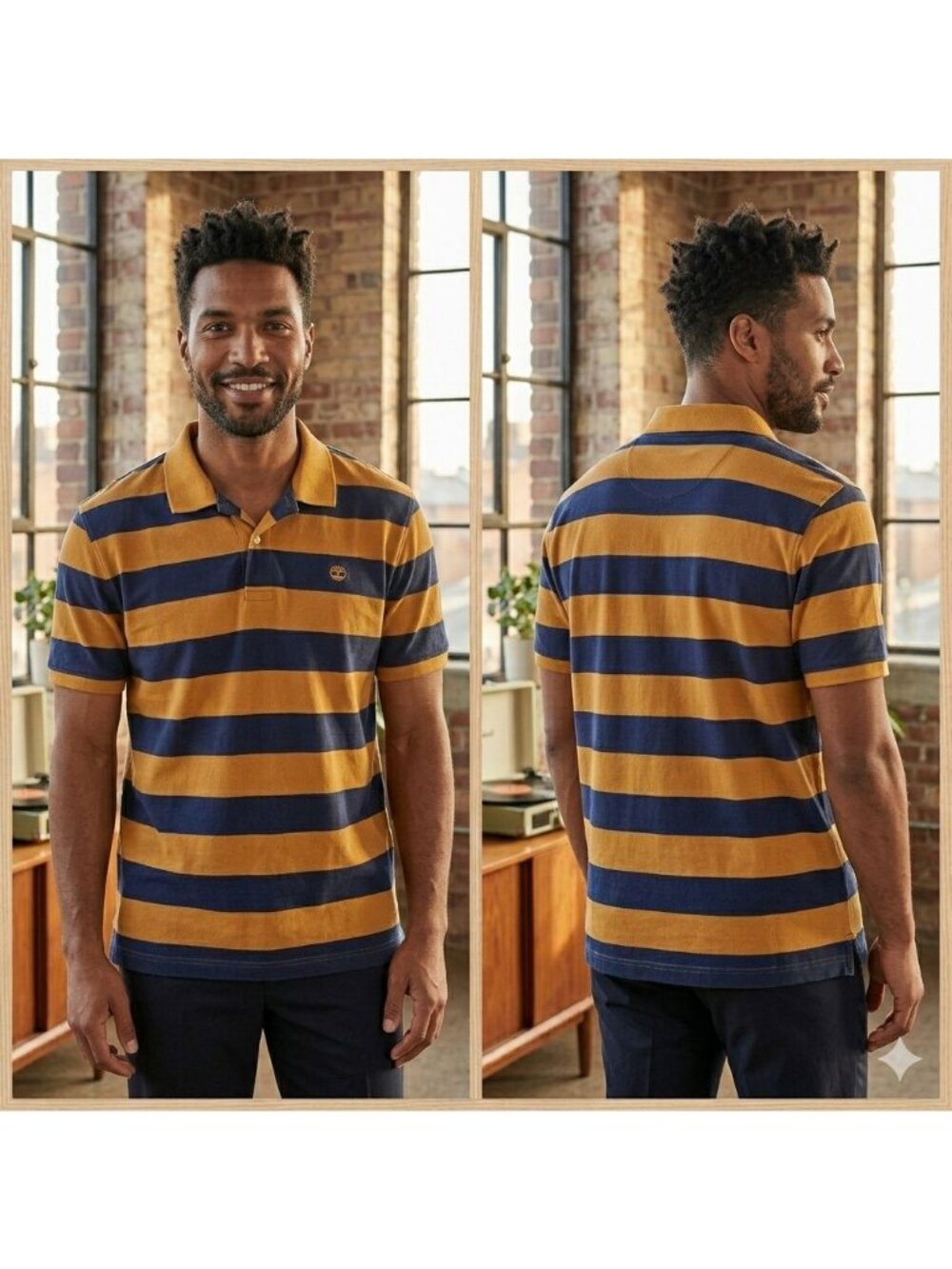 Timberland Mens Polo Shirt XXL Striped Navy & Orange Cotton Short Sleeve Casual